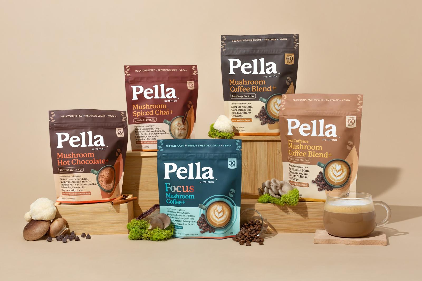 The Pella lineup: Hot Chocolate, Spiced Chai, Focus, Regular and Low Caffeine mushroom coffee