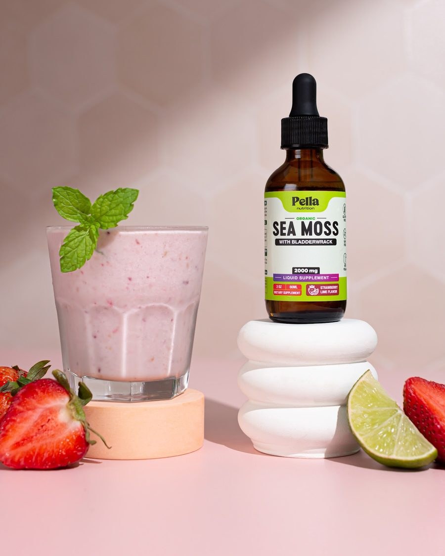 Pella Sea Moss Drops bottle with fresh fruit