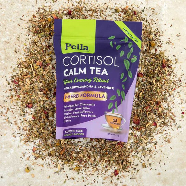 Pella Cortisol Calm loose leaf tea with a cup of tea