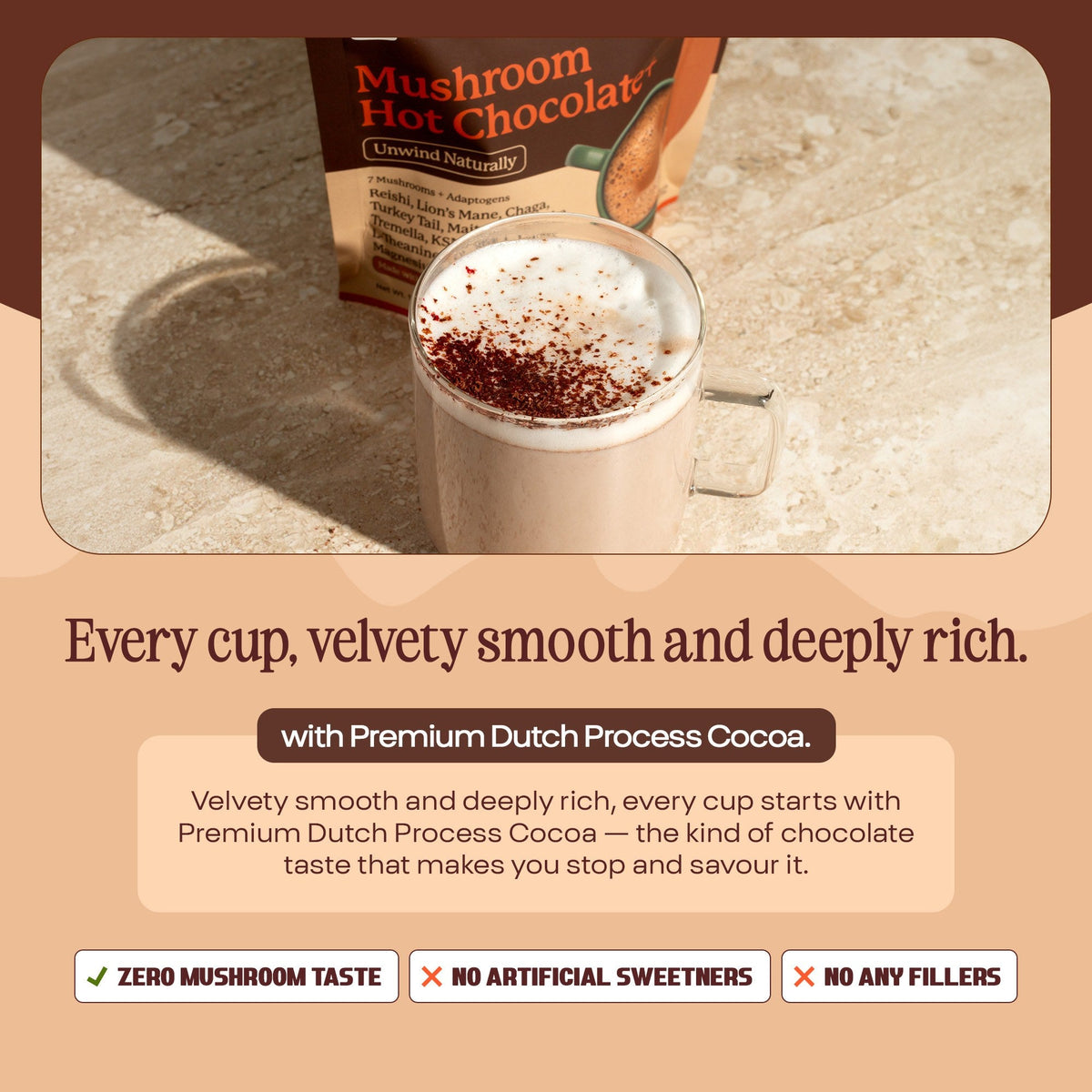 A mug of Mushroom Hot Chocolate+, rich and velvety