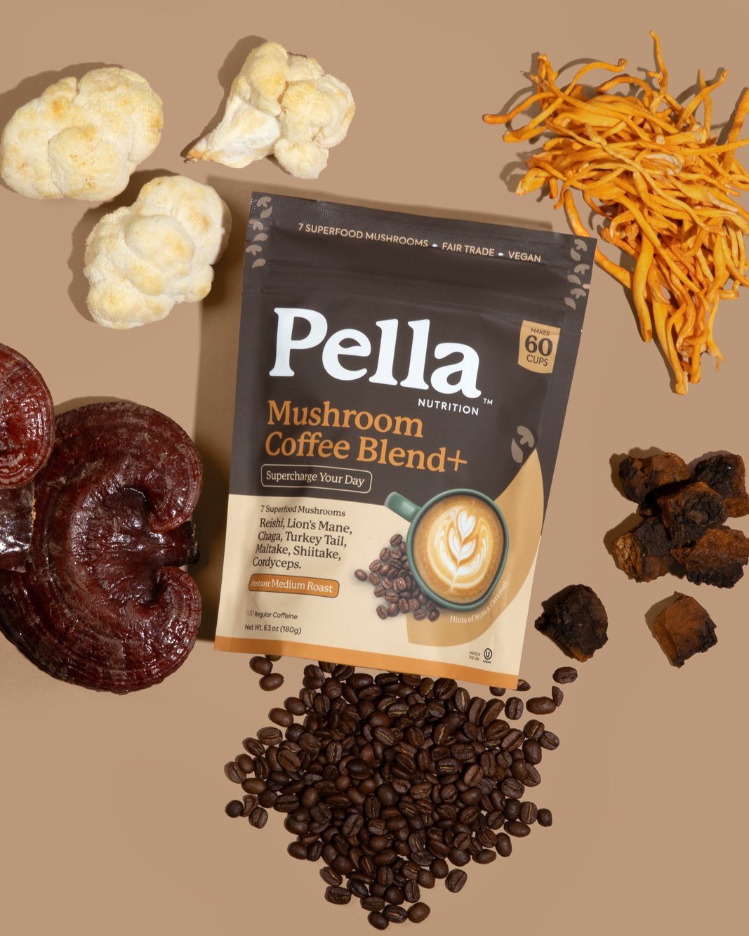 Mushroom Coffee Blend+ · Regular bag with dried mushrooms and coffee beans on a warm tan backdrop