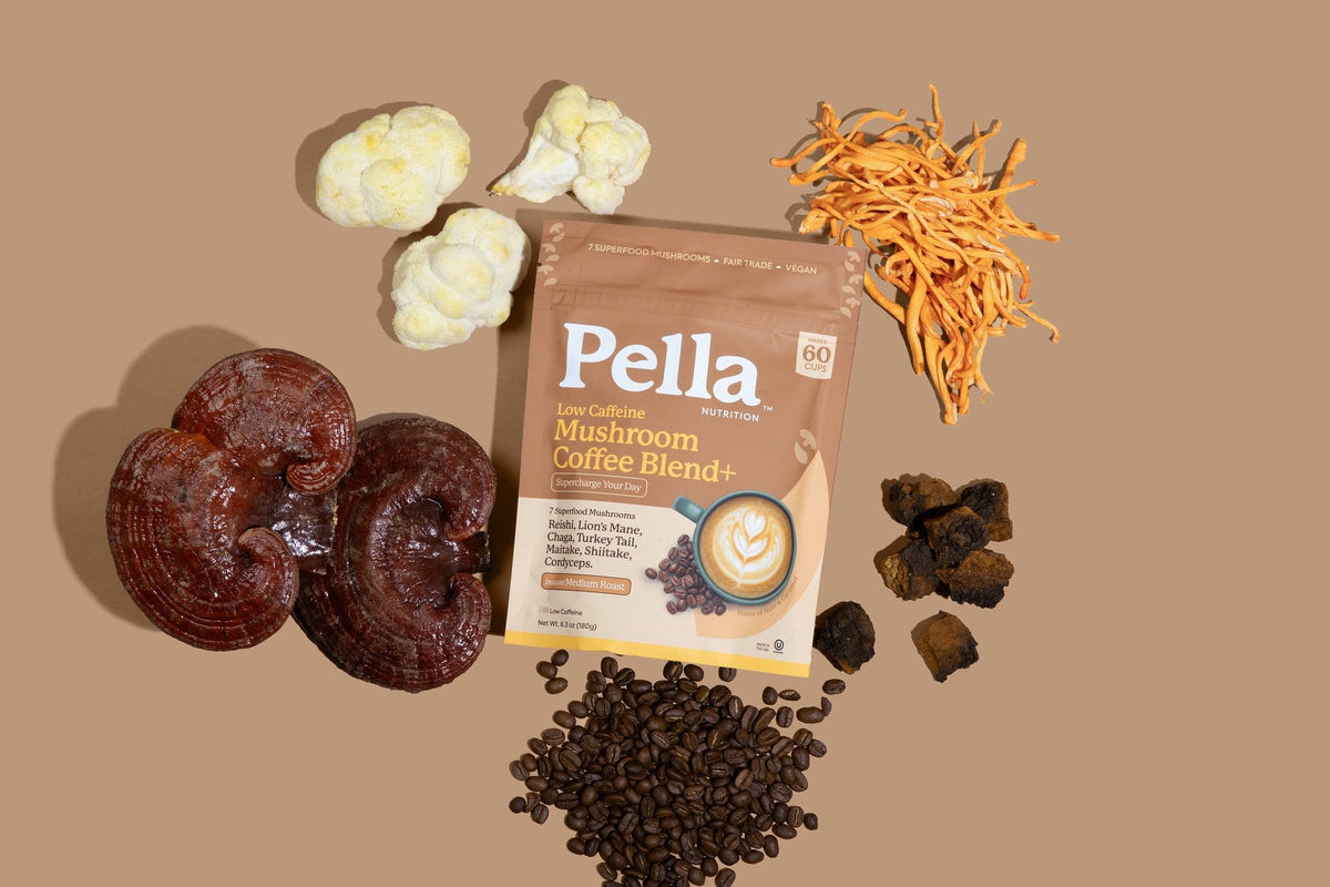 Low Caffeine mushroom coffee bag with dried mushrooms