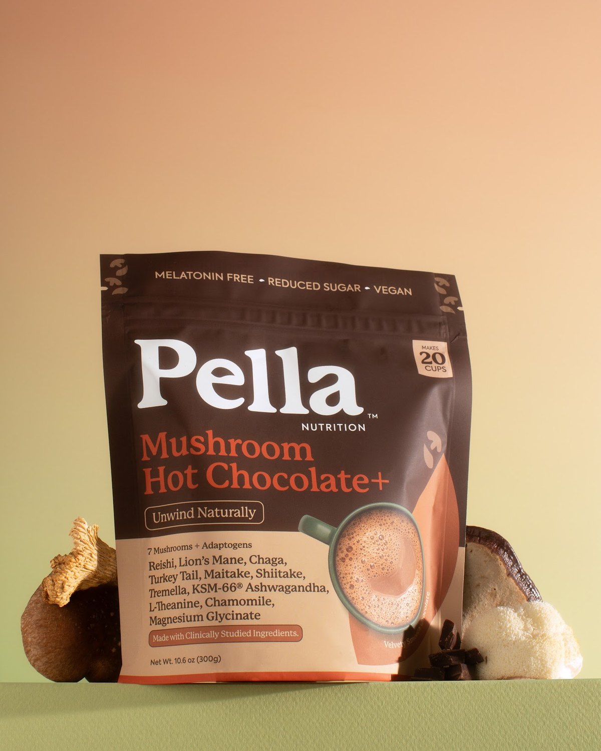 Mushroom Hot Chocolate+ bag with mushrooms and cocoa on a warm backdrop