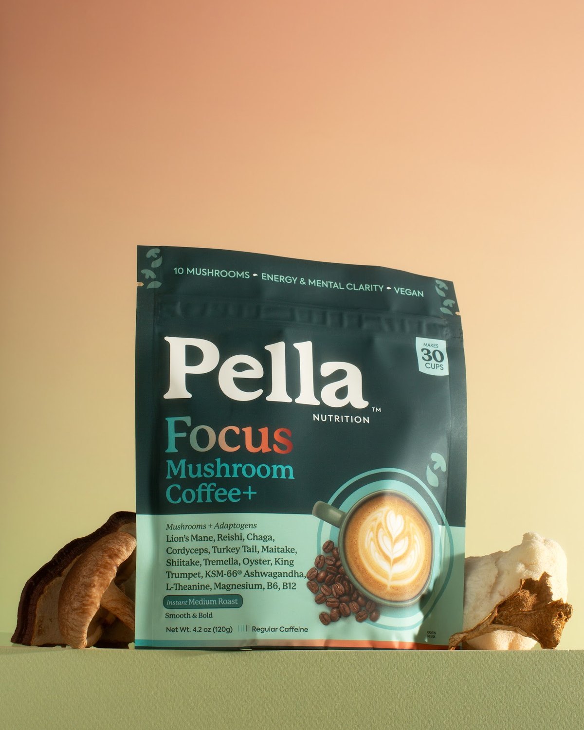 Focus Mushroom Coffee+ bag with mushrooms at its base