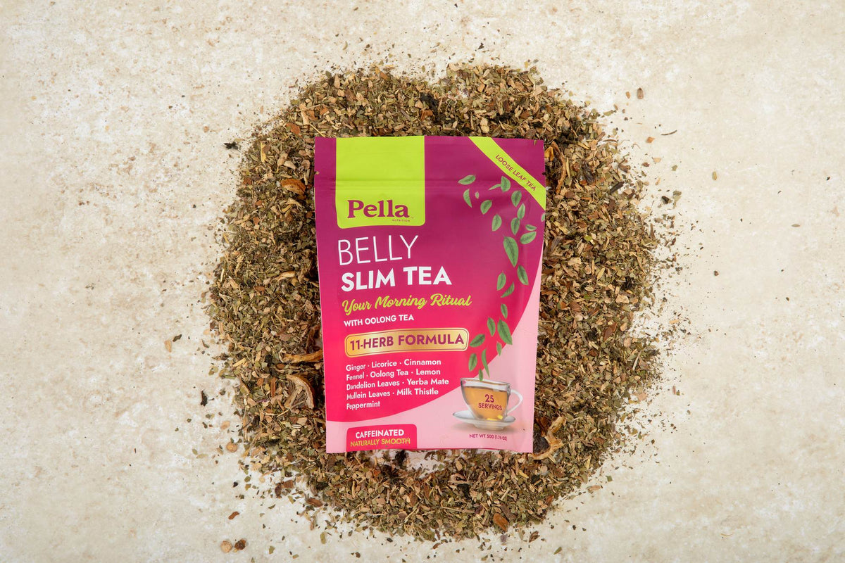 Belly Slim Tea pouch on a bed of its loose-leaf blend