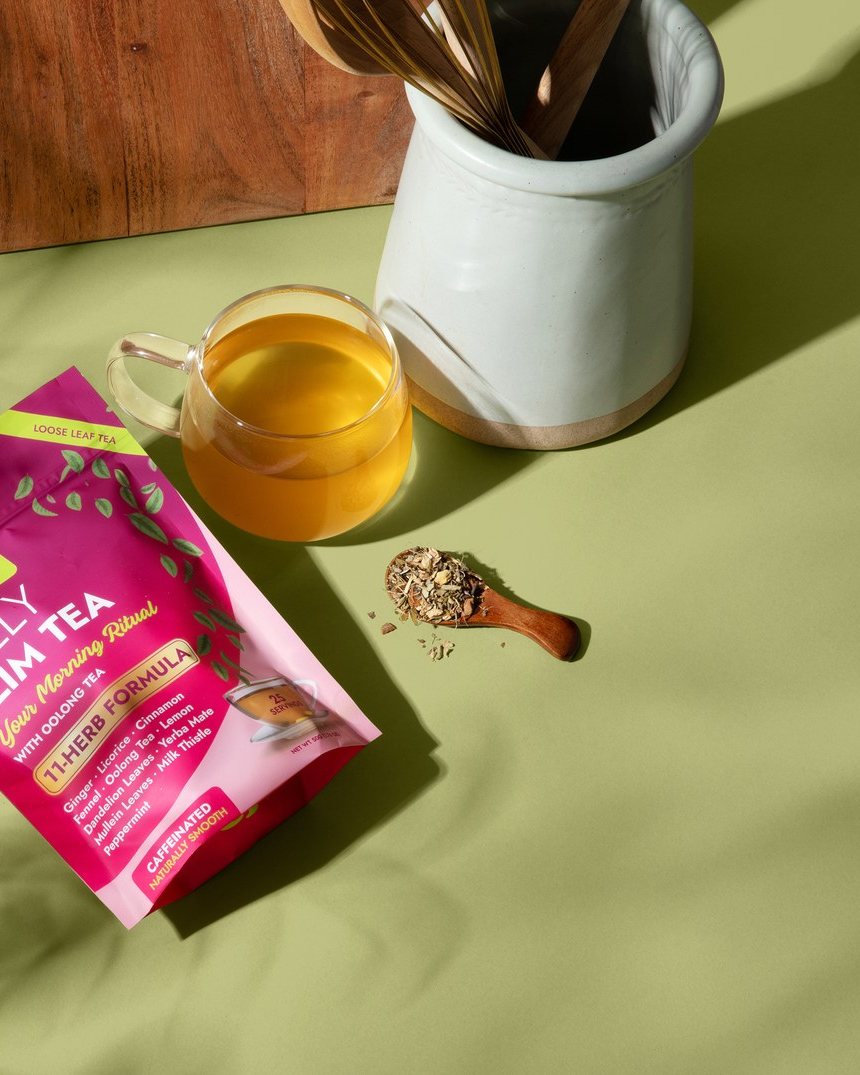 Belly Slim tea pouch in a bright kitchen