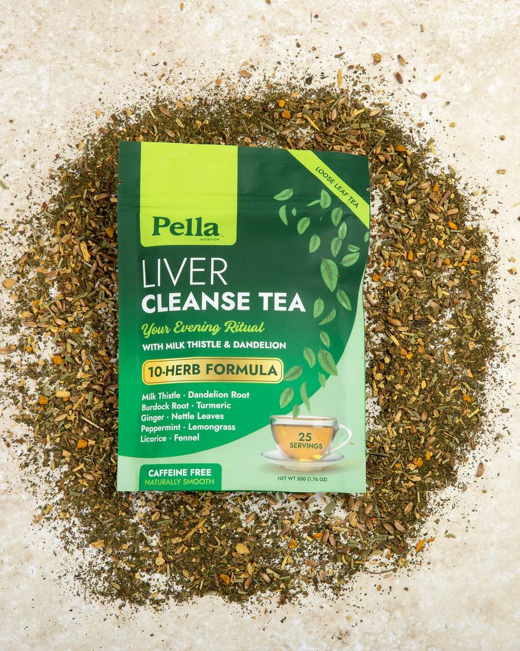 Liver Cleanse tea pouch on a wooden board in warm light