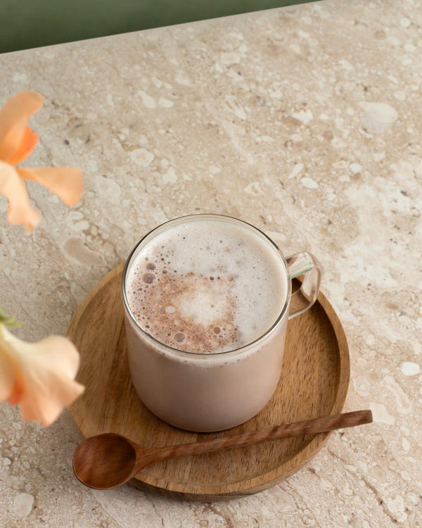 A creamy mug of Pella Mushroom Hot Chocolate