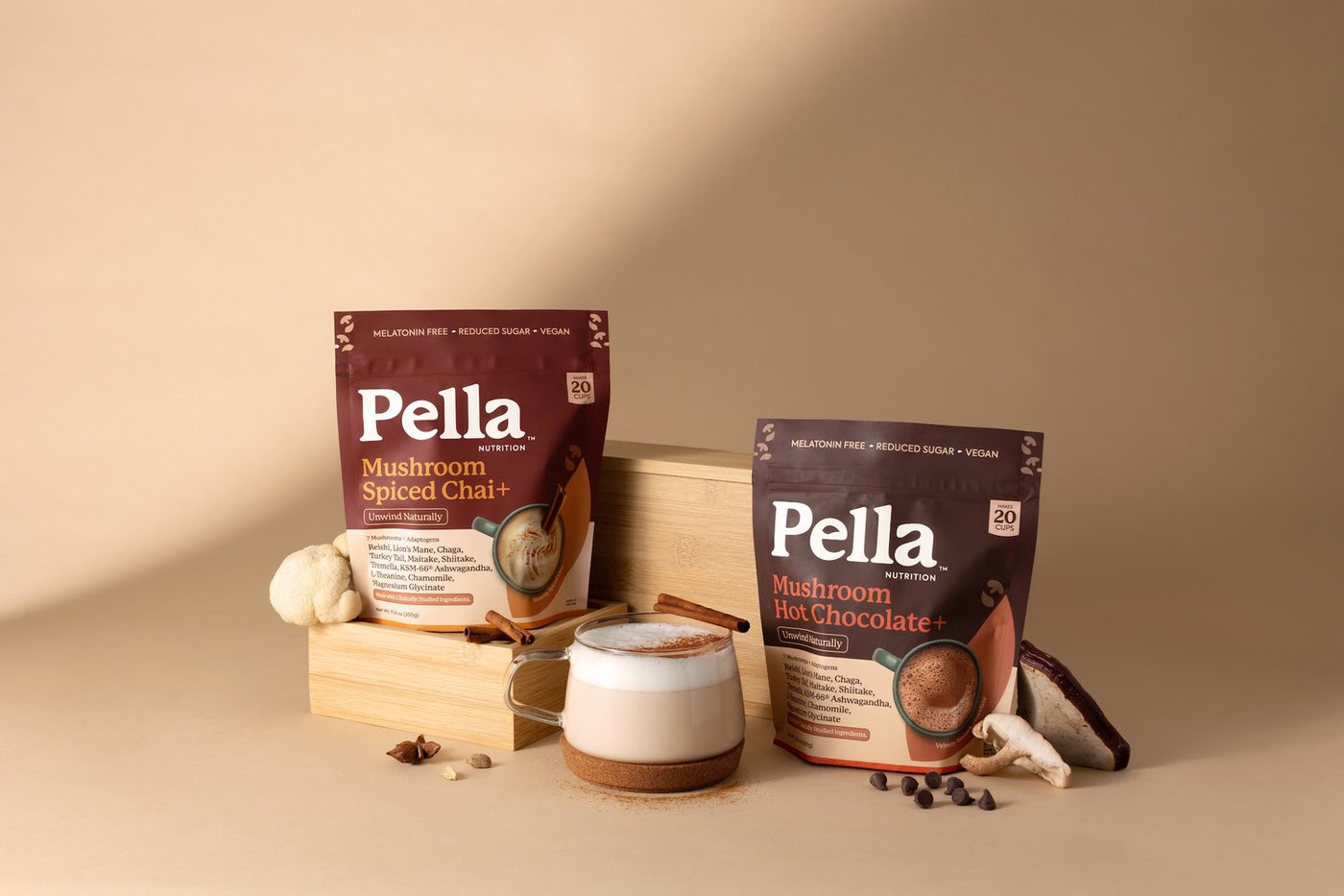 Pella Mushroom Hot Chocolate and Spiced Chai with two prepared mugs
