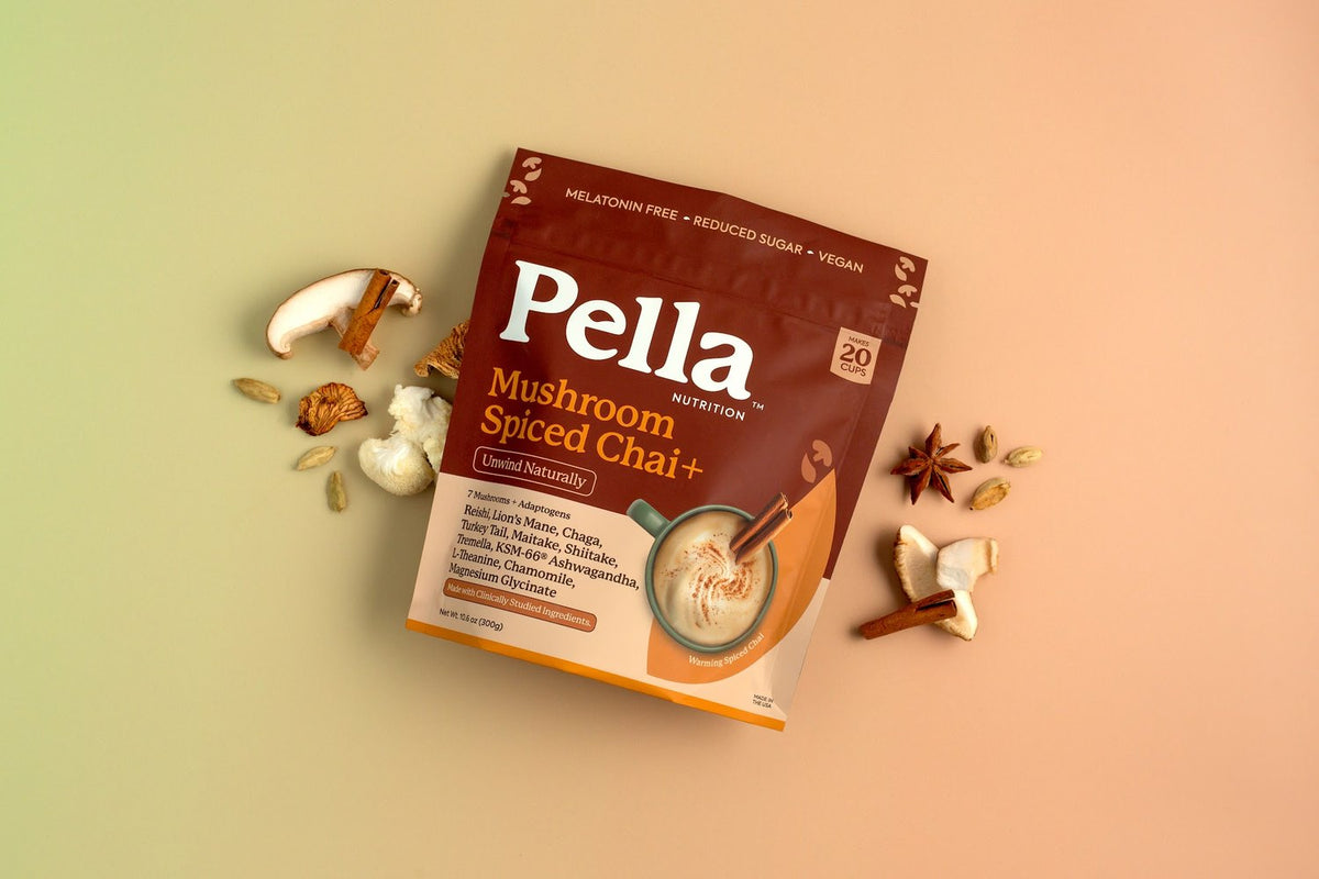 Pella Mushroom Spiced Chai bag and a chai latte from above