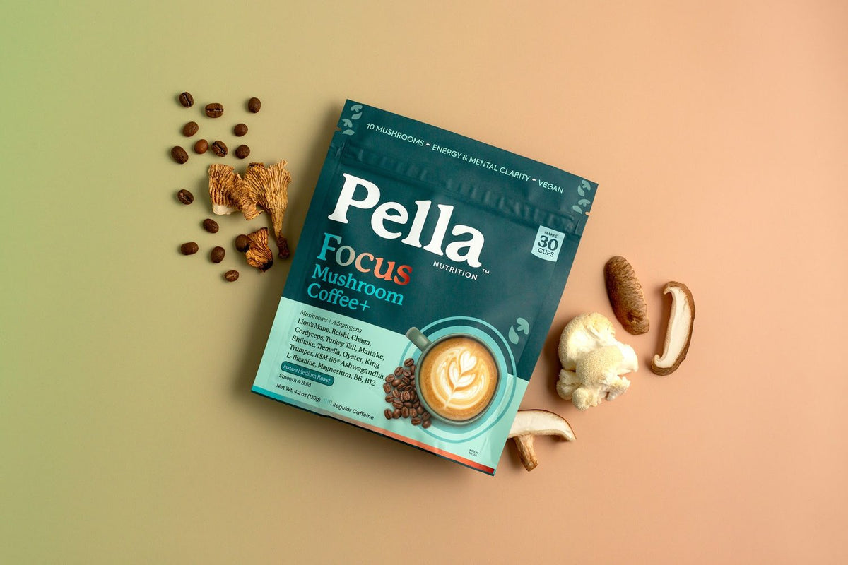 Pella Focus bag, coffee and a latte from above