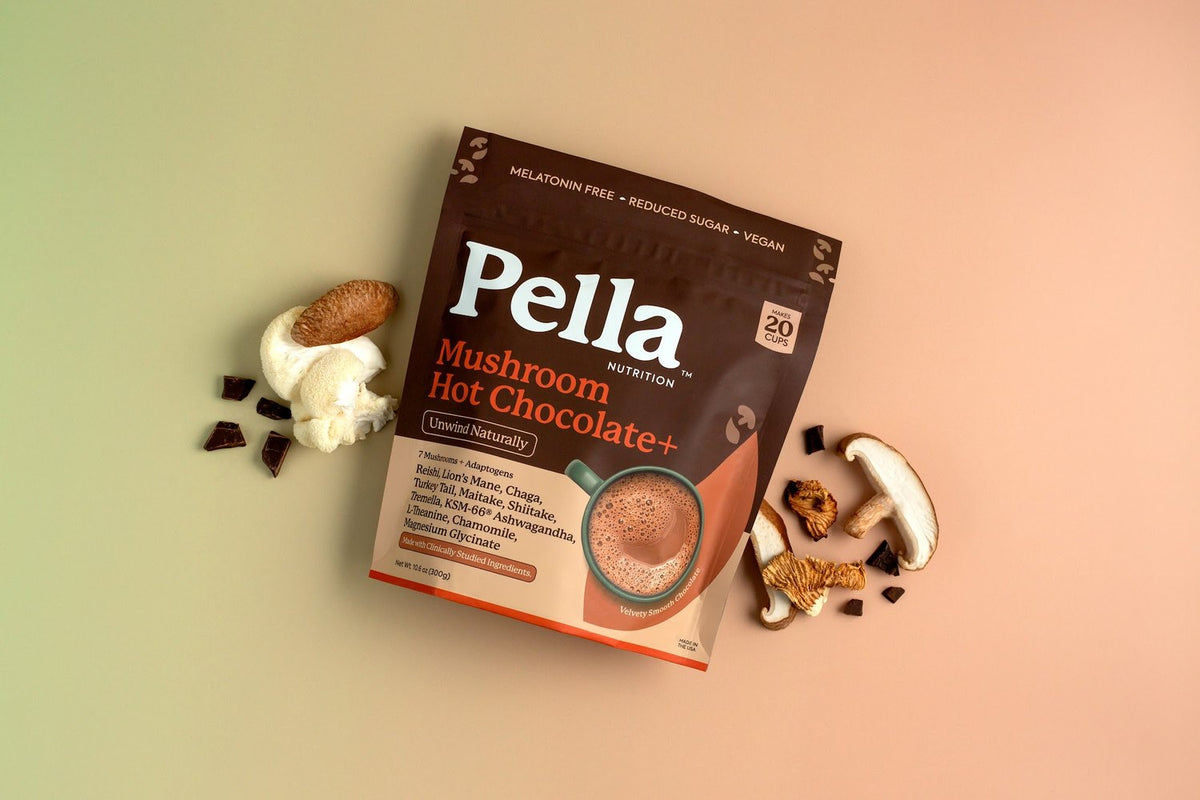 Pella Mushroom Hot Chocolate bag, cocoa and a mug from above