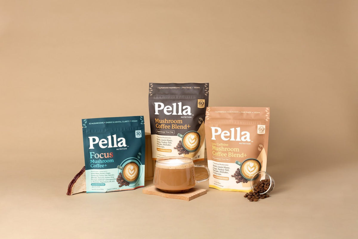Pella Regular, Low Caffeine and Focus bags with a latte