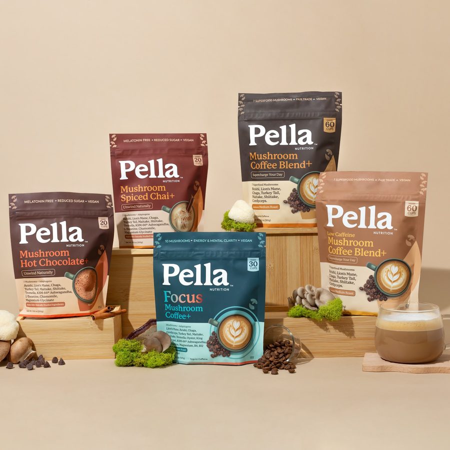 The Pella lineup of mushroom coffees and lattes on a kitchen counter