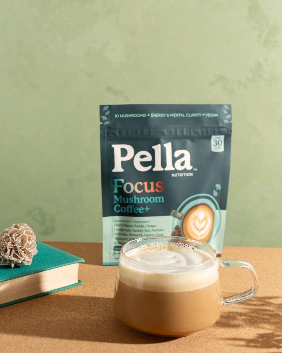 A finished Pella coffee next to the bag